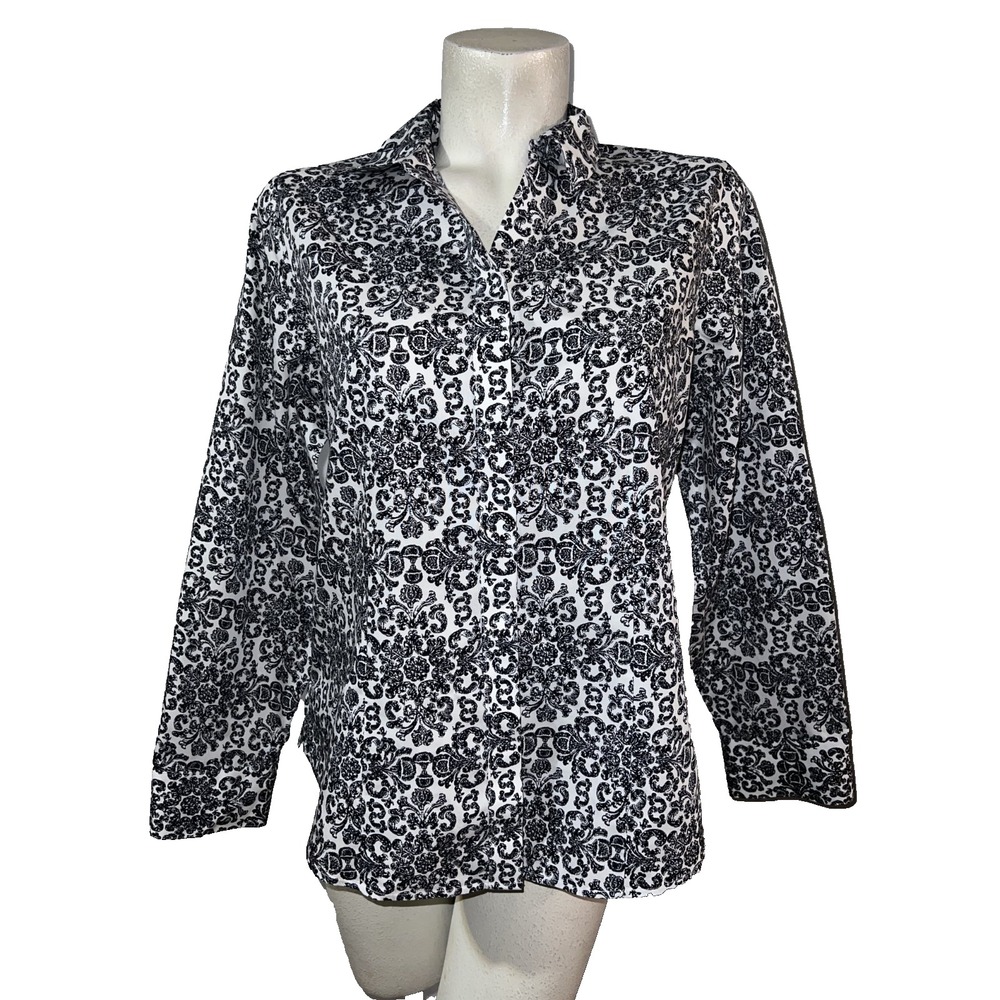 Chicos No Iron Cotton Button Down Shirt Womens Sz (1) M Black White Damask Print